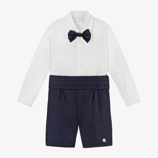 Artesanía Granlei-Boys Ivory & Navy Blue Cotton Shorts Set | Childrensalon Outlet