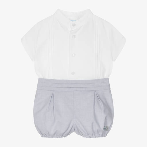 Artesanía Granlei-Boys White & Grey Organic Cotton Shorts Set | Childrensalon Outlet