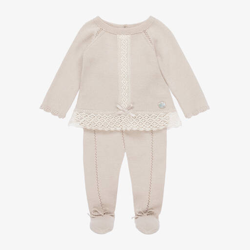 Artesanía Granlei-Girls Beige Knitted Lace 2 Piece Babygrow | Childrensalon Outlet