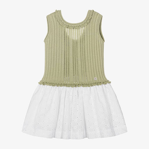 Artesanía Granlei-Girls Green Cotton Knitted Dress | Childrensalon Outlet