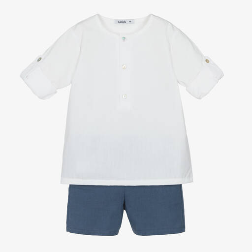 Babidu-Boys White & Blue Cotton Shorts Set | Childrensalon Outlet
