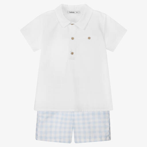 Babidu-Boys White & Blue Gingham Shorts Set | Childrensalon Outlet