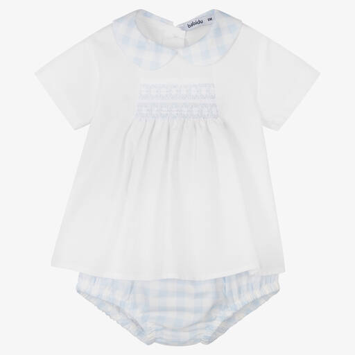 Babidu-Boys White & Blue Smocked Shorts Set | Childrensalon Outlet