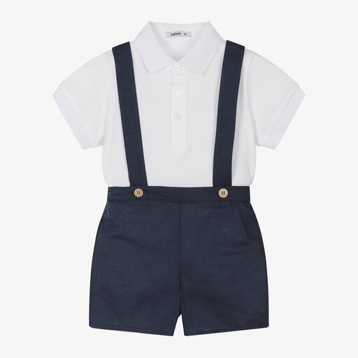 Babidu-Boys White & Navy Blue Cotton Shorts Set | Childrensalon Outlet