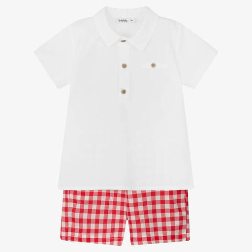 Babidu-Boys White & Red Gingham Shorts Set | Childrensalon Outlet