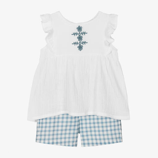 Babidu-Girls Blue Check Cotton Shorts Set | Childrensalon Outlet