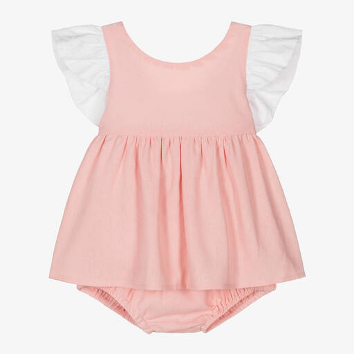 Babidu-Girls Pink Frilly Viscose & Linen Dress | Childrensalon Outlet