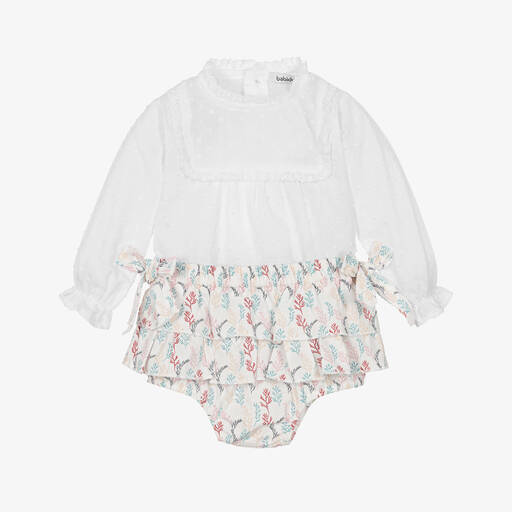 Babidu-Girls White Cotton Leaf Print Shorts Set | Childrensalon Outlet