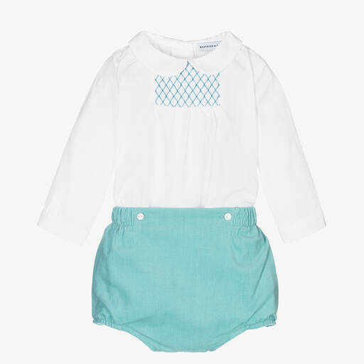 Beatrice & George-Boys Aqua Green Smocked Cotton Buster Suit | Childrensalon Outlet
