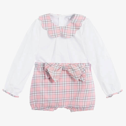 Beatrice & George-Комплект из белого топа с розовыми шортами в клетку для девочек | Childrensalon Outlet