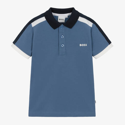 BOSS-Boys Blue Cotton Piqué Polo Shirt | Childrensalon Outlet