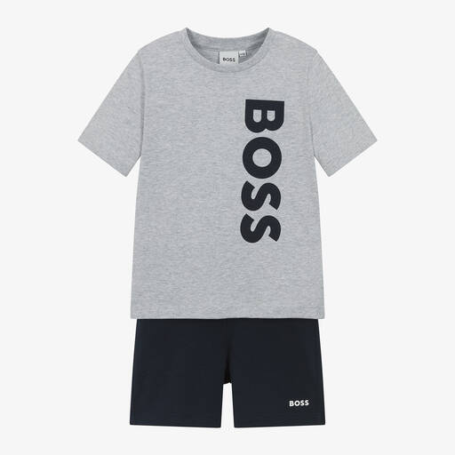 BOSS-Boys Grey & Blue Cotton Short Pyjamas | Childrensalon Outlet