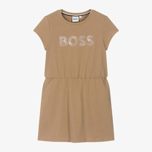 BOSS-Girls Beige Cotton Jersey T-Shirt Dress | Childrensalon Outlet