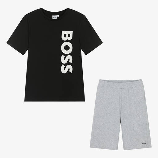BOSS-Teen Boys Black & Grey Cotton Short Pyjamas | Childrensalon Outlet