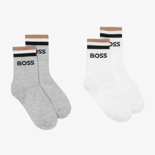 BOSS-Teen Boys Grey & White Cotton Socks (2 Pack) | Childrensalon Outlet