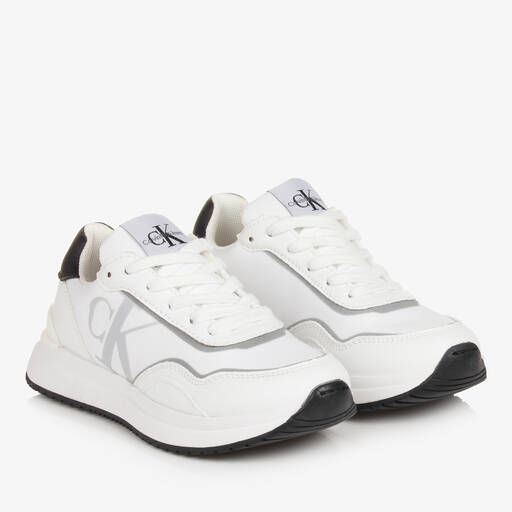 Calvin Klein-White Faux Leather Lace-Up Trainers | Childrensalon Outlet