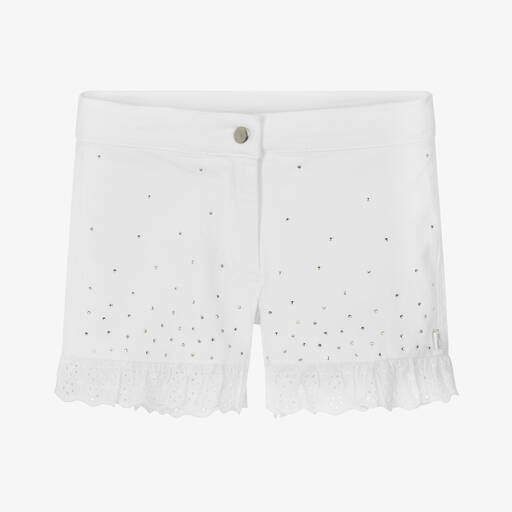 Caramelo Kids-Girls White Cotton Diamanté Shorts | Childrensalon Outlet