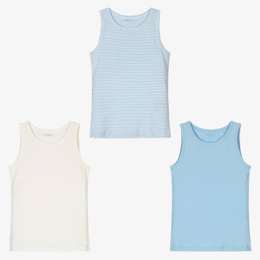 Childrensalon Essentials-Boys Blue Organic Cotton Vests (3 Pack) | Childrensalon Outlet