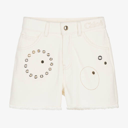 Chloé-Teen Girls Ivory Denim Eyelet Shorts | Childrensalon Outlet