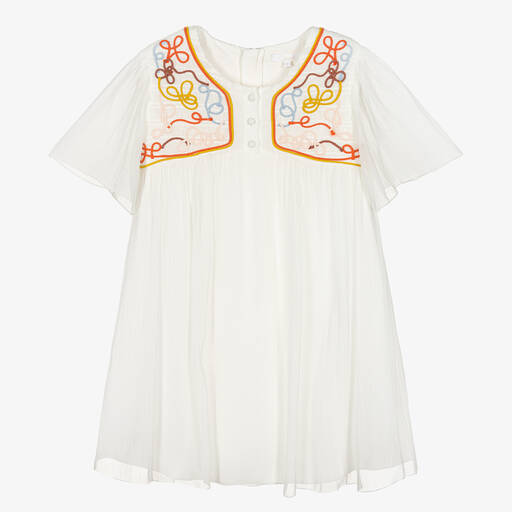 Chloé-Кремовое платье из шелка и шифона с аппликацией | Childrensalon Outlet