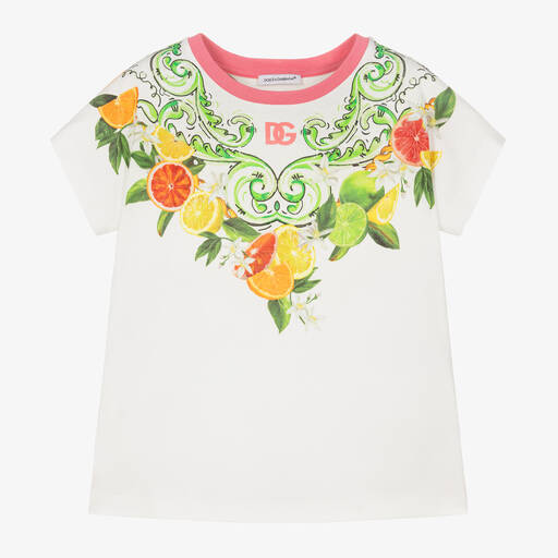 Dolce & Gabbana-Girls White Fruit Print Cotton T-Shirt | Childrensalon Outlet