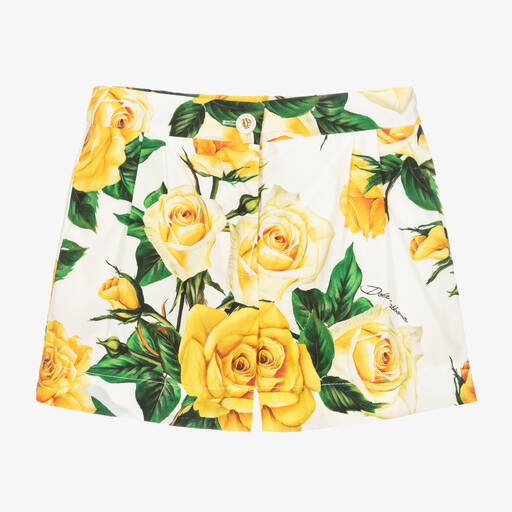 Dolce & Gabbana-Girls Yellow Rose Print Cotton Shorts | Childrensalon Outlet