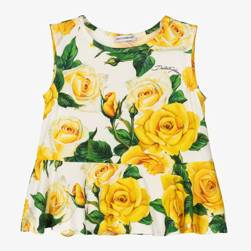 Dolce & Gabbana-Girls Yellow Rose Print Viscose Top | Childrensalon Outlet