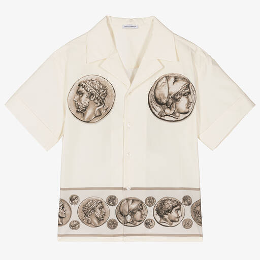 Dolce & Gabbana-Кремовая хлопковая рубашка с римской монетой | Childrensalon Outlet