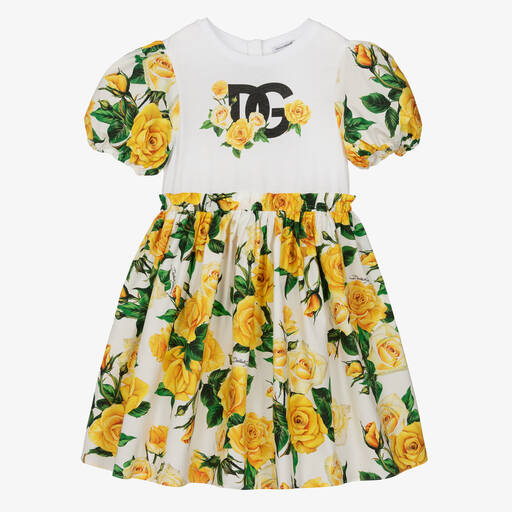 Dolce & Gabbana-Teen Girls Yellow Rose Print Cotton Dress | Childrensalon Outlet