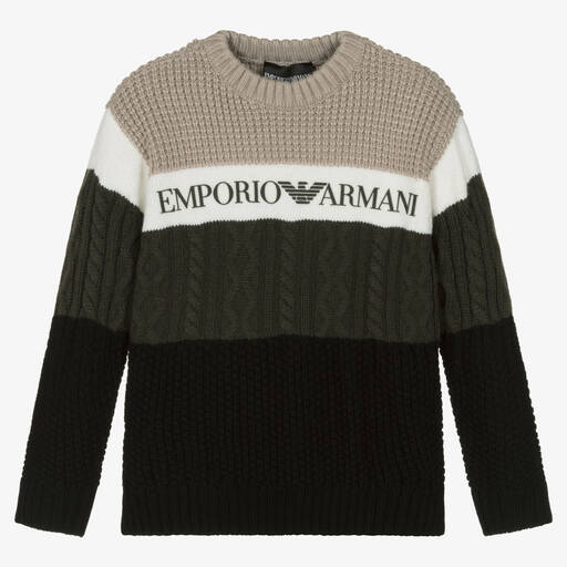 Emporio Armani-Wollstrickpullover in Beige & Grün | Childrensalon Outlet