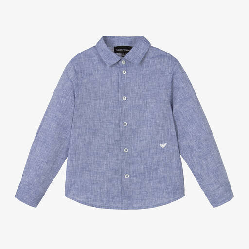 Emporio Armani-Boys Blue Cotton & Linen Shirt | Childrensalon Outlet