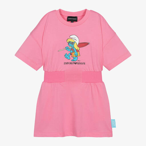 Emporio Armani-Girls Pink Organic Cotton Smurfs Dress | Childrensalon Outlet