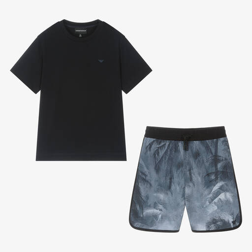 Emporio Armani-Teen Boys Blue Palm Tree Cotton Shorts Set | Childrensalon Outlet