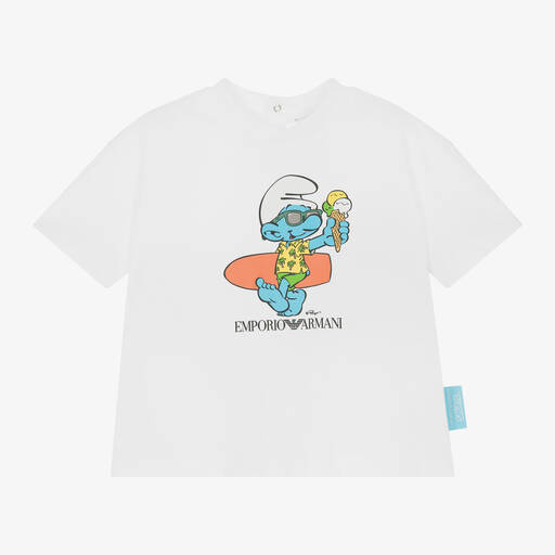 Emporio Armani-White Cotton Smurfs Baby T-Shirt | Childrensalon Outlet