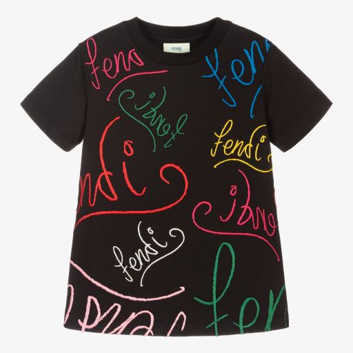 Fendi-Boys Black Cotton Logo T-Shirt | Childrensalon Outlet