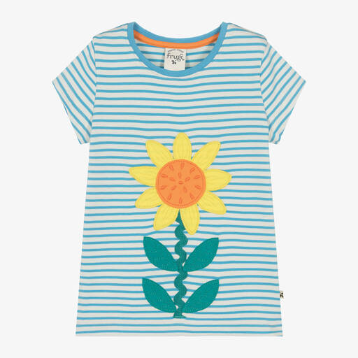 Frugi-Girls Blue Striped Cotton Flower T-Shirt | Childrensalon Outlet