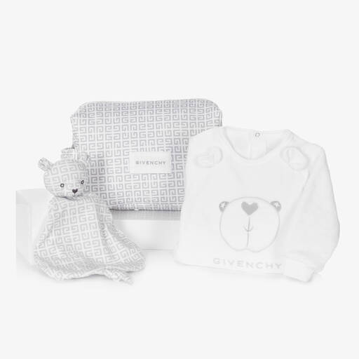 Givenchy-White & Grey Velour 4G Babysuit Gift Set | Childrensalon Outlet