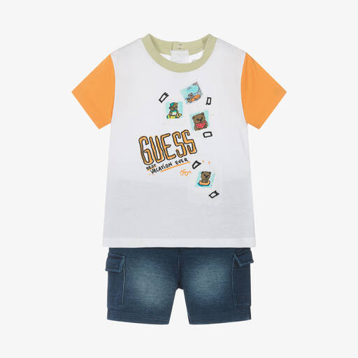 Guess-Baby Boys White & Blue Cotton Shorts Set | Childrensalon Outlet