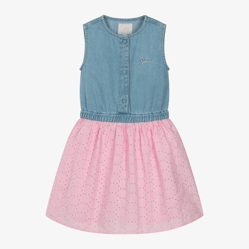 Guess-Girls Blue Denim & Pink Broderie Dress | Childrensalon Outlet