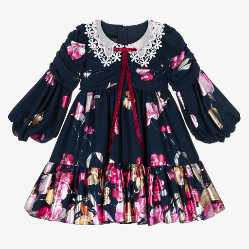 Junona-Girls Navy Blue Floral Chiffon Dress | Childrensalon Outlet