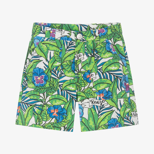 KENZO KIDS-Boys Green Flower Print Cotton Shorts | Childrensalon Outlet