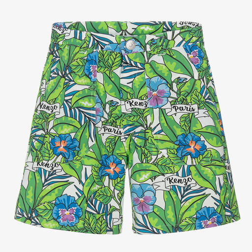 KENZO KIDS-Teen Boys Green Flower Print Cotton Shorts | Childrensalon Outlet