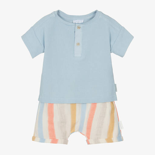 Laranjinha-Boys Blue Striped Cotton Shorts Set | Childrensalon Outlet