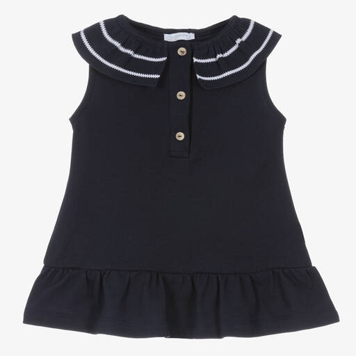 Laranjinha-Girls Navy Blue Cotton Piqué Dress | Childrensalon Outlet