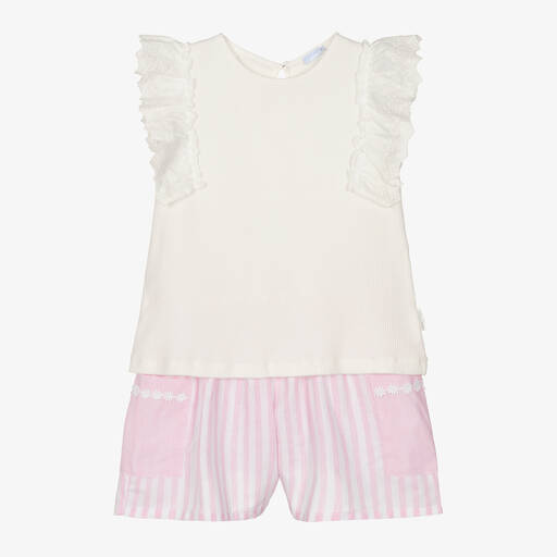 Laranjinha-Girls Pink Stripe Cotton Shorts Set | Childrensalon Outlet