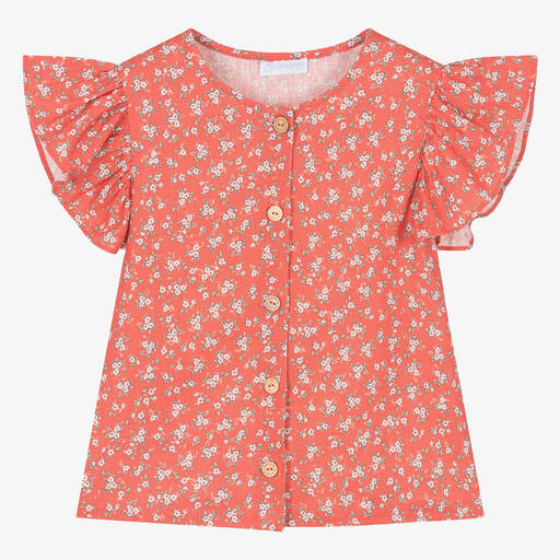 Laranjinha-Girls Red Floral Linen & Viscose Blouse | Childrensalon Outlet