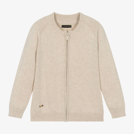 Mayoral-Boys Beige Cotton Knit Zip-Up Cardigan | Childrensalon Outlet