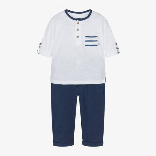 Mayoral-Boys White & Blue Cotton Trouser Set | Childrensalon Outlet