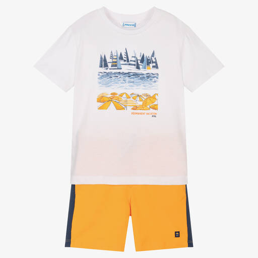 Mayoral-Boys White & Orange Cotton Shorts Set | Childrensalon Outlet