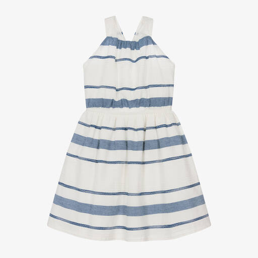 Mayoral-Girls Ivory & Blue Striped Linen Dress | Childrensalon Outlet